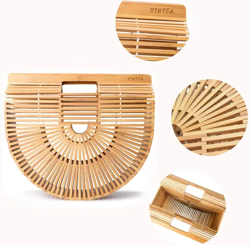 Miniatura 2 de Bolsas de bambú para mujer, bolsas de paja de verano, bolsos de playa de madera, cesta con asa