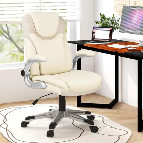 COSTWAY Silla de oficina ejecutiva, silla ergonómica de piel sintética para computadora con reposabrazos abatibles y soporte lumbar, silla de tareas