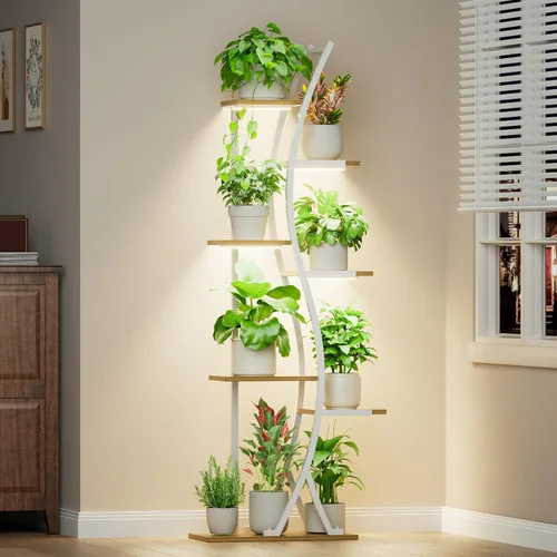 Miniatura 8 de MJOMKN Soporte para plantas de interior de 62 pulgadas con luces de crecimiento, estante alto de metal para plantas de 7 niveles, soporte esquinero
