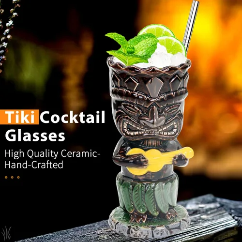 Miniatura 4 de SuproBarware Tiki - Juego de tazas de cóctel de 10.1 fl oz, coloridas tazas de cóctel de cerámica, decoración hawaiana para fiestas exóticas