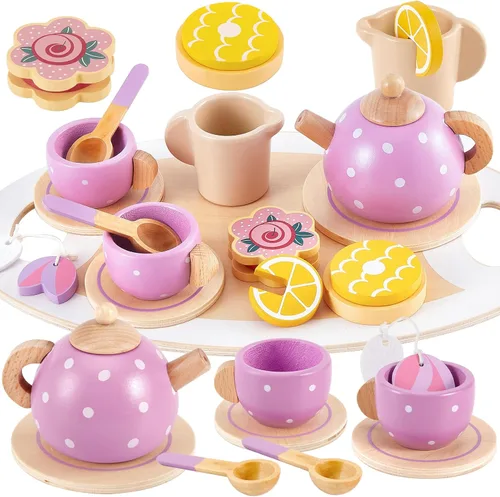 BUYGER Juego de fiesta de té de madera para niñas pequeñas, juego de simulación de cocina para niños pequeños, accesorios de cocina de princesa,