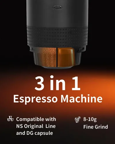 Miniatura 2 de Cafetera eléctrica portátil, cafetera de coche para viajes y campamento, cafetera a batería compatible con café molido y cápsulas NS, color negro