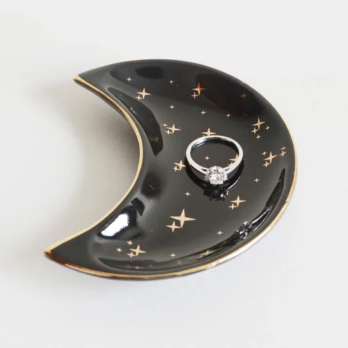 Bandeja de joyería de luna pequeña, plato decorativo de cerámica para baratijas, bandeja decorativa moderna para tocador, color negro