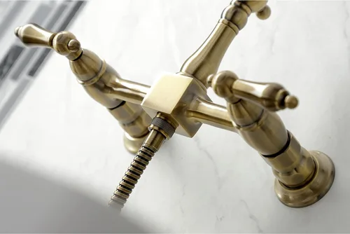 Miniatura 3 de Kingston Brass KS1243ALBS Heritage - Grifo de cocina de montaje en pared de 8 pulgadas con rociador de latón, latón antiguo