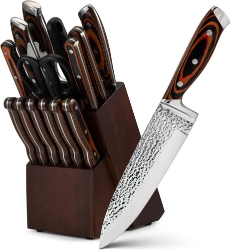 Knife Sets for Kitchen, Knife Set with Block and Sharpener, High Carbon Stainless Steel Chef Knives with Grey Triple Rivet Handle, Ultra Sharp and