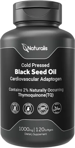 Naturalis Aceite de semilla negra prensado en frío 1000 mg | 2% de timoquinona natural (TQ) para cabello, piel, uñas y apoyo cardiovascular | Sin