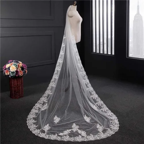 Miniatura 2 de Aularso Velos de novia de encaje con velo floral para novias largo de la catedral con peine para novias de 118 pulgadas Blanco Talla libre