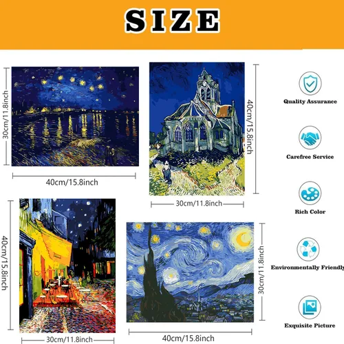 Miniatura 4 de VeGuude Pintura por números para adultos y niños principiantes, paquete de 6 kits de pintura por números de «La noche estrellada» de Van Gogh