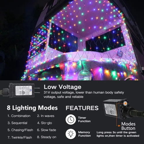 Miniatura 2 de 360 luces LED de red de Navidad de 12 x 5 pies, 8 modos impermeables con temporizador, luces de malla conectables de bajo voltaje para árboles