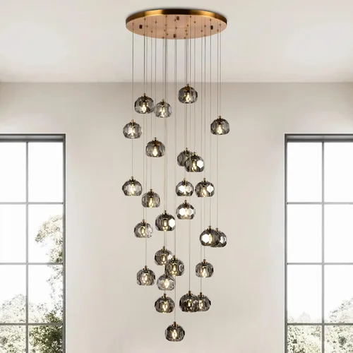 Miniatura 13 de Lámpara colgante de cristal de prisma de 3 luces, moderna lámpara colgante de cristal ahumado de 9 W, iluminación colgante de techo redondo triple