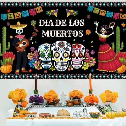 Miniatura 5 de Decoraciones del Día de los Muertos, telón de fondo de pancarta del día de los muertos, fondo de fotografía de flores de calavera de azúcar