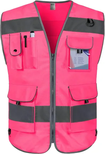 Miniatura 10 de TCCFCCT Hi Vis Chaleco de seguridad reflectante de alta visibilidad con 9 bolsillos para hombres y mujeres, chaleco de construcción con tiras
