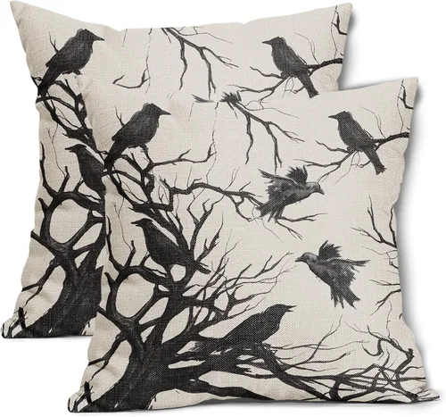 Miniatura 9 de Tree Crows - Juego de 2 fundas de almohada de Halloween de 16 x 16 pulgadas, fundas de almohada decorativas de otoño, fundas de almohada negras