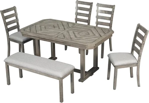 Miniatura 9 de Juego de mesa de comedor de madera de goma de 6 piezas con patrón de grano de madera y cojín suave, mesa de comedor rectangular con 4 sillas