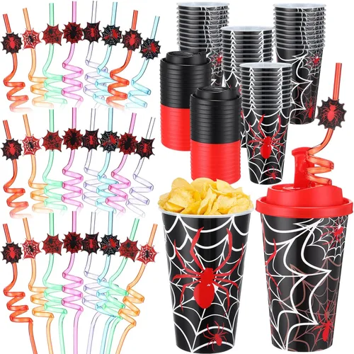Miniatura 23 de Yungyan 16 juegos de tazas de golosinas con tapas y pajitas para decoraciones de cumpleaños, reutilizables, 16 onzas, vasos de plástico para dulces