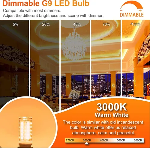 Miniatura 2 de Winshine - Paquete de 10 bombillas LED G9 regulables de 3000 K blanco cálido, bombilla de 4 W con casquillo G9 para lámpara de araña T4 de luz
