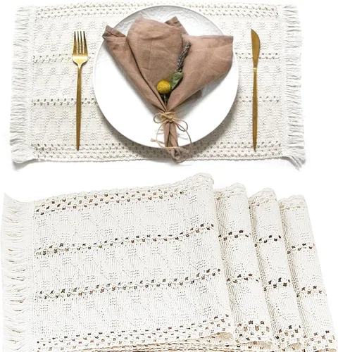 Miniatura 8 de FEXIA Juego de 4 manteles individuales bohemios, decoración de mesa de macramé, manteles individuales estilo granja en arpillera de algodón natural