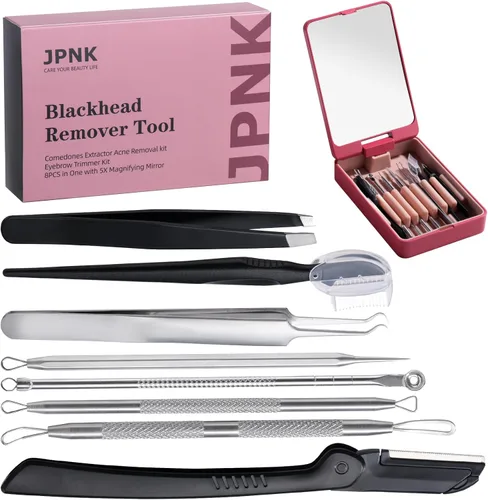 Miniatura 3 de JPNK Herramienta removedor de puntos negros, kit de eliminación de acné y kit de recortador de cejas, 8 piezas en uno con espejo de aumento 5X