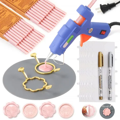 Miniatura 12 de Juego de sellos de cera, 40 varillas de cera de sellado de bronce con pistola de pegamento, moldes de sellado de cera, alfombrilla de silicona