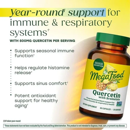 Miniatura 3 de MegaFood Suplemento de quercetina con bromelina, suplemento de apoyo inmunológico respiratorio y estacional, cápsulas de quercetina de 500 mg
