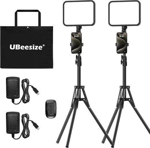 Miniatura 7 de UBeesize - Pack de 2 luces de video LED, luces de estudio para fotografía regulables de 3000-6500K con soporte para trípode y soporte para teléfono
