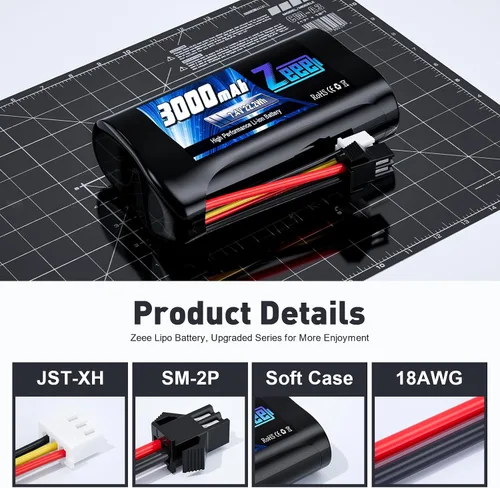 Miniatura 3 de Zeee 2S - Batería de iones de litio de 3000 mAh, 7.4 V, conector SM 2P, batería recargable RC con cargador de batería de 7.4 V, compatible con WPL