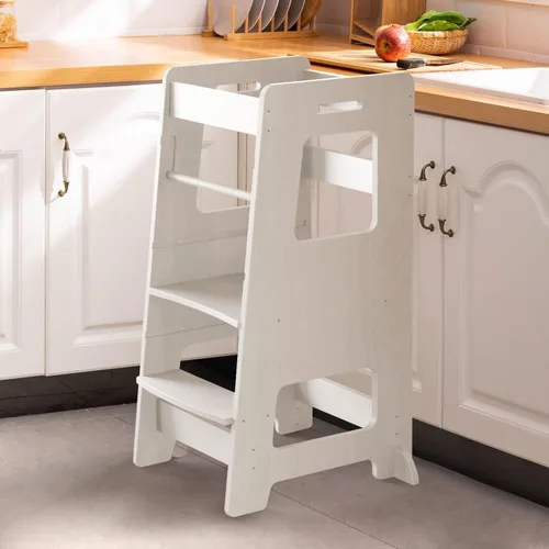 Miniatura 7 de Taburete de cocina WOOD CITY, taburete de cocina para niños pequeños con baranda de seguridad, altura ajustable, torre de aprendizaje para niños