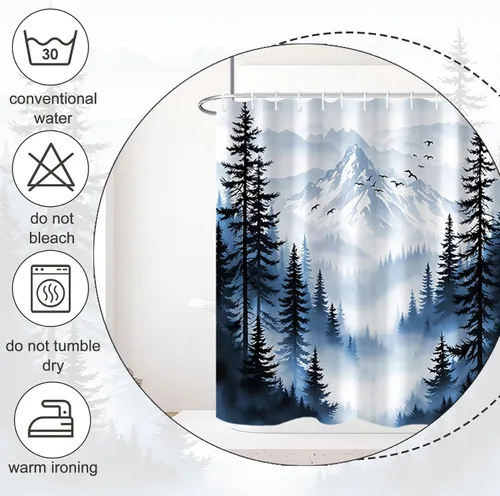 Miniatura 5 de Cortina de Ducha Azul Bosque de Pino Montaña Aves Paisaje Nebuloso Cortina de Ducha Impermeable de Tela para Decoración de Baño 60x72 Pulgadas