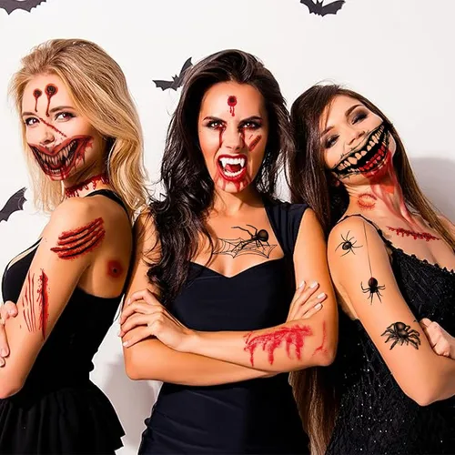 Miniatura 3 de 42 hojas de telaraña 3D y tatuajes temporales de cicatriz falsa, kit de maquillaje de Halloween, bruja zombi, realista, falso murciélago, tatuajes