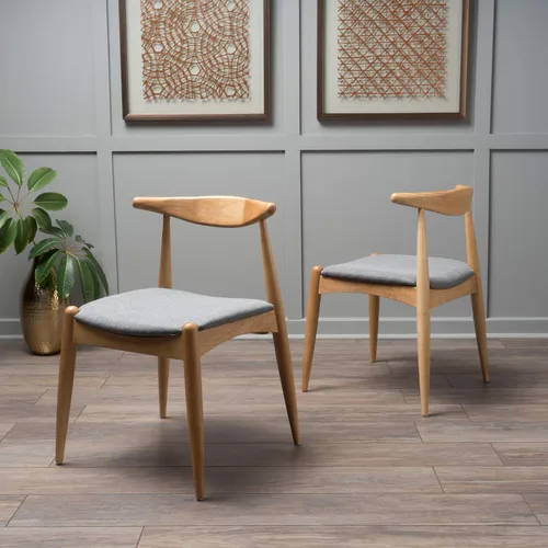 Miniatura 2 de Sandra Grey set de 2 sillas modernas, para comedor, estilo mediados de siglo, de tela color gris y madera de nogal. Gris / Roble