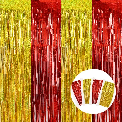 BEISHIDA 4 Piezas de Cortinas de Flecos de Aluminio con Fondo de Oro y Rojo para Decoración de Fiesta, Fondo de Oropel para Decoración de Fiesta de