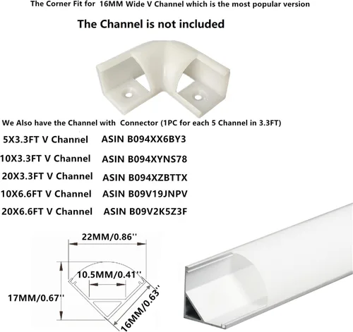 Miniatura 3 de THMOOTHER Paquete de 8 tiras LED en forma de V de 0.630 in de ancho con conector blanco de 90 grados, kit de esquina de perfil de cubierta curvada