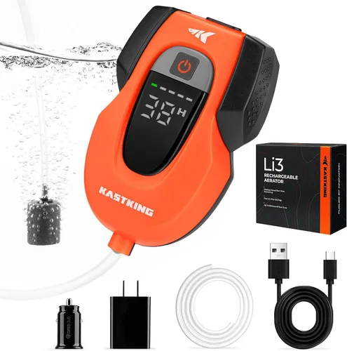 KastKing Li3 Aireador Recargable para Cebo Vivo, Batería de Iones de Litio, Pantalla LCD de Tiempo de Ejecución, Piedra de Aireación Grande,