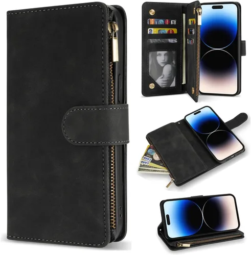Miniatura 20 de ZZXX Funda tipo cartera para iPhone 14 Plus con [Bloqueo RFID] Ranura para tarjetas Cuero PU suave premium con cremallera tipo folio plegable