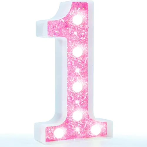 Miniatura 60 de Pooqla Luces de números de marquesina, números de luz rosa para niñas de 10.º cumpleaños, funciona con pilas, luz nocturna de número con purpurina