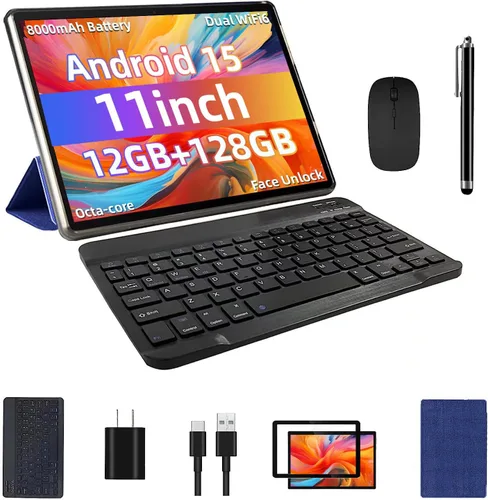 COLORROOM Tablet Android 15 de 11 pulgadas, desbloqueo facial, carga rápida de 18 W, 12 GB+128 GB+1 TB expandir, CPU octa-core, batería grande de