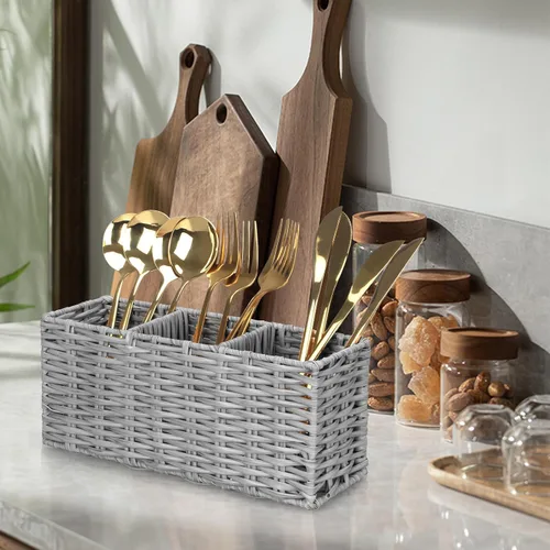 Miniatura 5 de Ayiaren Organizador de cubiertos de plástico gris para cubiertos, organizador de utensilios pequeños para encimera de cocina, fiesta, cubiertos