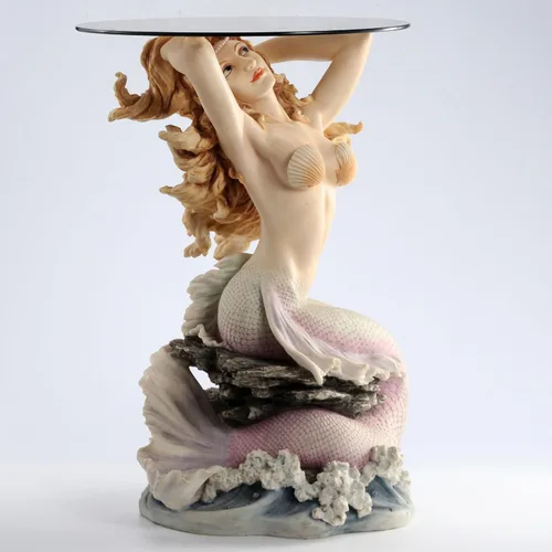 Miniatura 3 de Veronese Design 23 1/4 pulgadas de alto sirena de la cala redonda de cristal de la escultura de resina de la mesa de cristal pintado a mano acabado