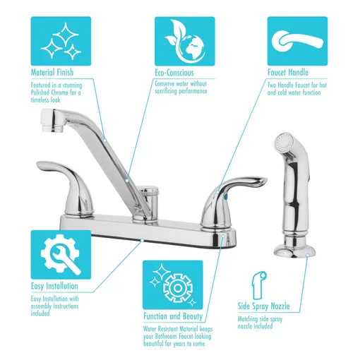 Miniatura 7 de Aqua Vista 25-K82CS-CH-AV Grifo de fregadero de cocina con rociador lateral, cromo pulido dos manijas