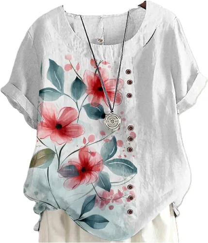 Miniatura 20 de domirica Camisetas de verano para mujer 2024 con estampado de flores, algodón, lino, manga corta, cuello redondo, camisas casuales de moda
