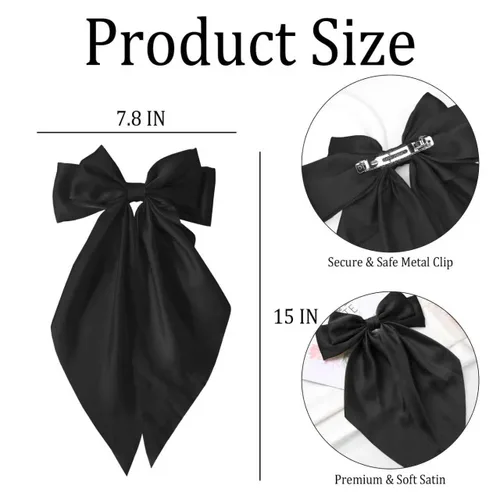 Miniatura 2 de TULOBI Lazos grandes negros para el cabello, 2 unidades, lazo de satén suave, clip para el cabello con clip de metal, accesorio para el cabello