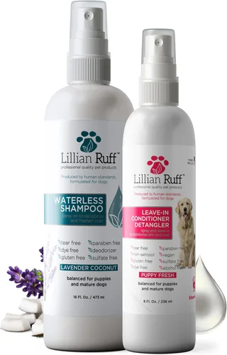 Lillian Ruff Champú seco sin enjuague para perros sin agua, acondicionador y desenredante sin enjuague - pH equilibrado para perros después del