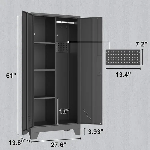 Miniatura 3 de OSEILLC Armario de Almacenamiento de Metal con Puertas con Cerradura, 61" de Alto para Garaje con Barra Colgante, Armario Escobero, Gabinete