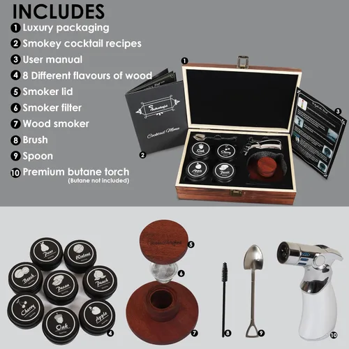 Miniatura 5 de KIT DE AFUMADO PARA WHISKY, CÓCTEL Y ESTILO ANTIGUO DE SMOKEOLOGIST CON ANTORCHA – incluye 8 sabores únicos de madera natural, lujosa caja de regalo