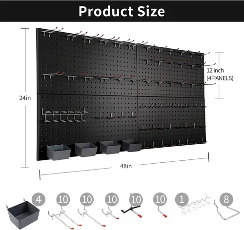 Miniatura 2 de Tablero de clavijas para pared de 48x24 pulgadas con 63 piezas de accesorios de ganchos, organizador de pared negro para garaje, paneles de tablero