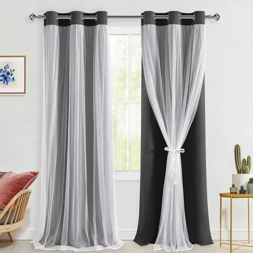 Miniatura 114 de Hiasan Cortinas opacas con superposición transparente, aislamiento térmico para mezclar y combinar de doble capa, cortinas de oscurecimiento de Beige