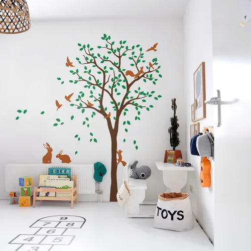 Miniatura 13 de Adhesivo decorativo de pared de árbol grande con pájaros, ardillas y conejos, conejos, decoración de guardería 095 (todo blanco)