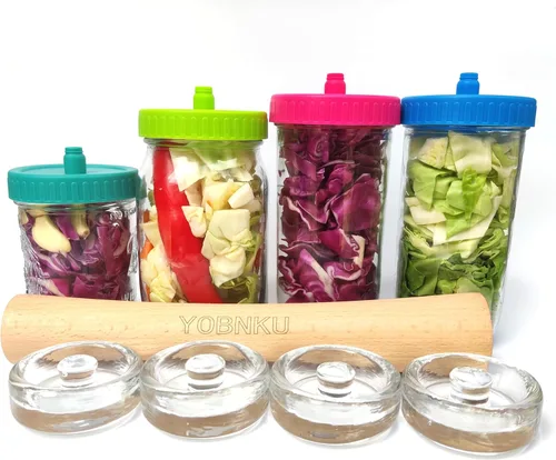 Miniatura 5 de Kit completo de fermentación de tarros Mason con libra, 4 pesos de vidrio y 4 tapas de fermentador, herramienta de fermentación de alimentos