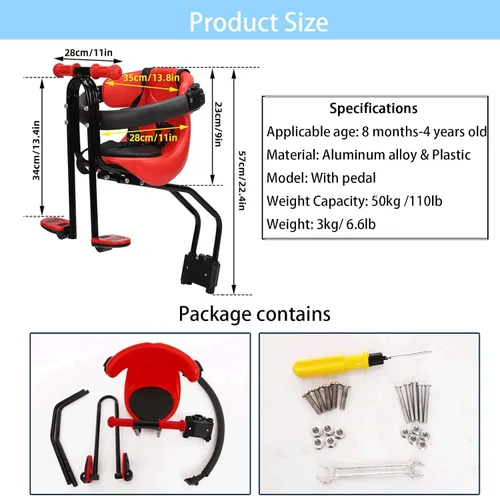 Miniatura 3 de Asiento de Bicicleta para Niños Grofyllaa, Asiento de Bicicleta para Bebé con Capacidad de 50kg Montado en la Parte Delantera con Barra de Soporte