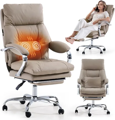 Miniatura 10 de LEAGOO Silla de oficina reclinable con reposapiés, sillas de oficina ejecutivas con brazos, ergonómicas de cuero sintético con respaldo alto, Caqui